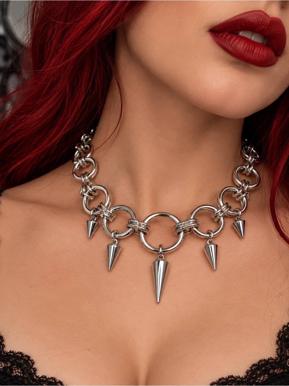 Edgy Silver-Tone Spike Ring Chain Necklace - Women's Jewelry